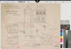 Revisionszeichnung: Blockstelle Schönebeck an der Strecke Heissen-Borbeck: Grundrisse, Ansicht, Schnitt, Sparrenlage, Details, Lageplan [mit Korrekturen], M. 1:50 und M. 1:10 und M. 1:1.000 Hgs, Sknr.: 1, Fanr.: 9, Bunr.: 7