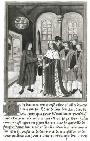Regnier d'Anjou sur les tournois (Turnierbuch Königs René I. d’Anjou). Überreichung des Schwertes durch den Herzog der Bretagne : Überreichung des Schwertes durch den Herzog von Bourbon. Miniatur und Text Blatt 2r aus: Regnier d'Anjou sur les tournois. Flandern oder Hennegau, Anfang 16. Jahrhundert. Buchmalerei und Handschrift auf Pergament, koloriert und vergoldet; 42,5 x 31,5 cm (Blattgröße). Dresden: SLUB Mscr.Dresd.Oc.58
