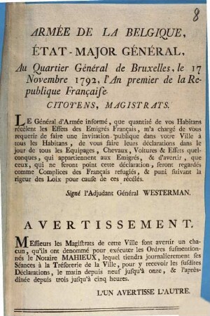 Armée De La Belgique, État-Major Général, Au Quartier Général de Bruxelles, le 17 Novembre 1792, ...