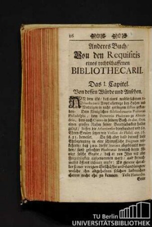Anderes Buch / Von den Requisitis eines rechtschaffenen Bibliothecarii.