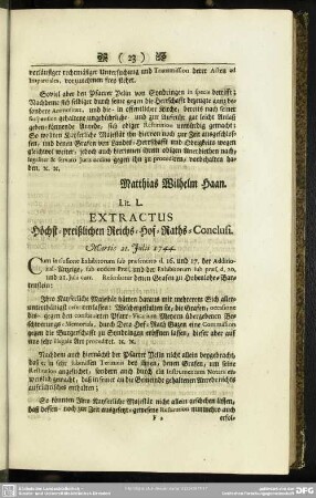 Lit. L. Extractus Höchst-preißlichen Reichs-Hof-Raths-Conclusi