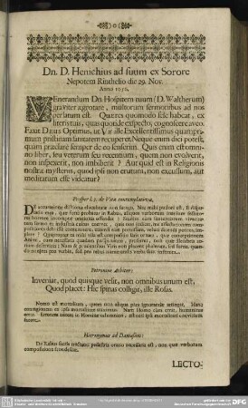 Dn. D. Henichius suum ex Sorore Nepotem Rinthelio die 29. Nov. Anno 1656