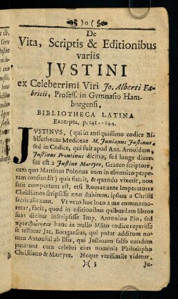 a3r-a4v, De Vita, Scriptis & Editionibus variis Jvstini ex Celeberrimi Viri...