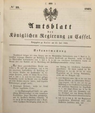 № 35. Ausgegeben zu Cassel am 23. Juli 1868.