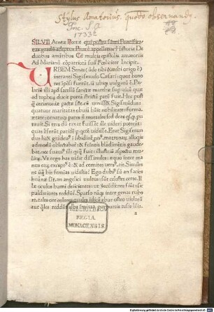 Historia de duobus amantibus Euryalo et Lucretia : an Marianus Sozinus, Wien 3.7.1444