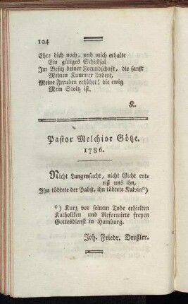 Pastor Melchior Götze. 1786.