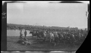 bei Zenta (=Senta, Serbien): rastende Soldaten und Pferde auf einem weiten Feld mit einer Wasserstelle ("Rast zwischen Obesce (=Beèej, Serbien) und Zenta")