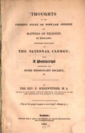 Thoughts on the present state of popular opinion in mathers of religion in England