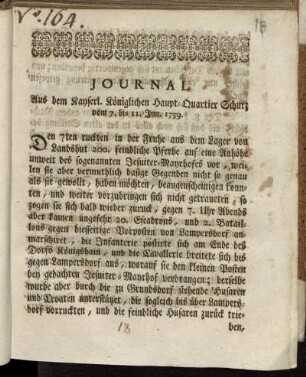 Journal Aus dem Kayserl. Königlichen Haupt-Quartier Schurz vom 7. bis 11. Jun. 1759