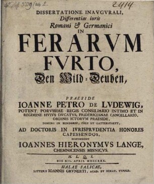 Dissertatione Inavgvrali, Differentias iuris Romani & Germanici In Ferarvm Fvrto