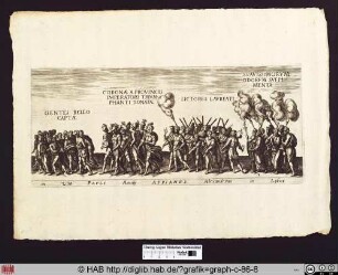 Triumphzug römischer Bürger mit Kriegsgefangenen.