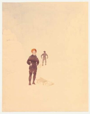 Zwei Figuren im Schnee mit Winterkleidung : Vorder- und Rückenansicht zweier Figuren in Winteranzügen, jeweils ein Schlitten; Himmel laviert