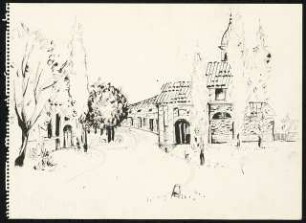 Zeichenübungen und Skizzen: Skizze einer Dorfstraße und Kirche