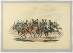 Berittene Artillerie der Sächsischen Armee mit Train (von Vierspänner gezogener Kanonenwagen), Blatt 6 aus: Darstellung der Königlich Sächsischen Armee nach ihren verschiedenen Waffengattungen
