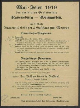 "Mai-Feier 1919 des geeinigten Proletariats Ravensburg-Weingarten. ", Aktionsausschuss des geeinigten Proletariats Ravensburg-Weingarten 29x22 cm