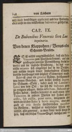 Cap. IX. De Bubonibus Venereis sive Lue Inguinaria. Von denen Klappohren, Venus- oder Schaam-Beulen