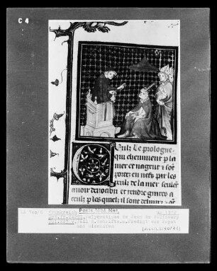Polycratique des Jean de Salisbury: Fol. 147 v: Johannes von Salisbury predigt vor dem Papst und Bischöfen