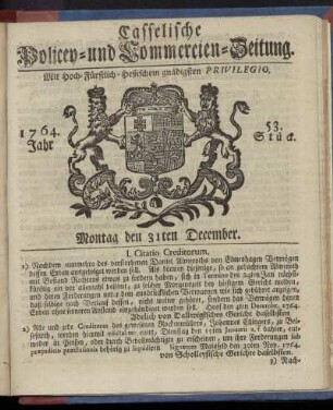 53. Stueck, Montag den 31ten December 1764