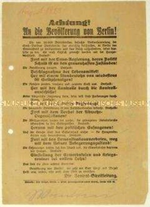Flugblatt gegen die Reichsregierung Cuno und Aufruf zum Generalstreik