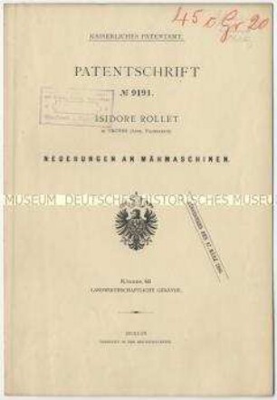 Patentschrift über Neuerungen an Mähmaschinen, Patent-Nr. 9191