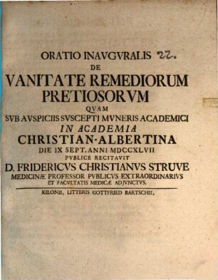 Oratio Inavgvralis De Vanitate Remediorum Pretiosorvm