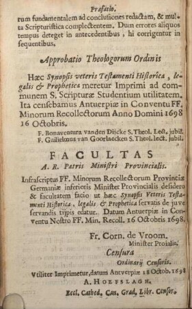 Approbatio theologorum Ordinis. Facultas A. R. Patris Ministri Provincialis.