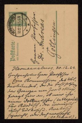 Nr. 4: Postkarte von Karl Röbbelen an Friedrich Carl Andreas, Hermannsburg, 30.12.1924