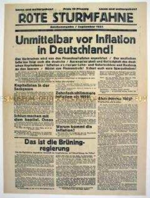 Kommunistisches Monatsblatt "Rote Sturmfahne" mit der Warnung vor einer neuen Inflation