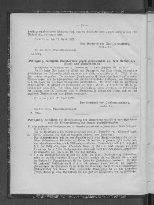 Verfügugung, betreffend die Erweiterung des Anwendungsgebiets der Geldstrafe und die Einschränkung der kurzen Freiheitsstraßen.