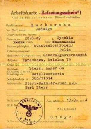 Arbeitskarte für polnische Arbeiter aus dem Generalgouvernement von Jadwiga Zuchowska