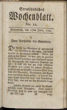 No. 12. Sonnabend, den 17ten Junii, 1780.