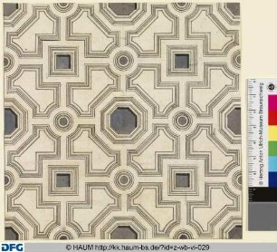 Vorlage für eine Täfelung, im Quadrat vier Quadrate verbunden mit Kreisen, im Zentrum Achteck