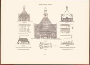 Irrenhaus, Berlin-Buch: Grundriss, Vorderansicht, Choransicht, Seitenansicht, Querschnitt, Längsschnitt, Details Kapelle (aus: Neubauten der Stadt Berlin, Bd. VII, 1908)