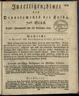 70tes Stueck, (Sonnabend) den 9ten December 1809