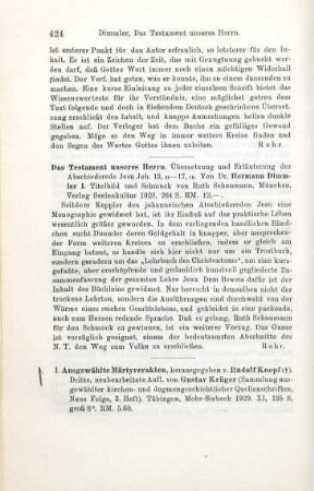 424 [Rezension] Dimmler, Hermann, Das Testament unseres Herrn
