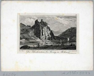 Die Burg Schreckenstein (heute Burgruine Střekov, im 14. Jahrhundert erbaut) an der Elbe bei Aussig in Böhmen (Ústí nad Labem in Tschechien)