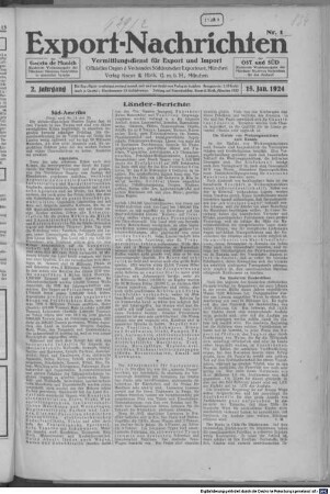 Export-Nachrichten : Vermittlungsdienst für Export und Import ; offizielles Organ des Verbandes Süddeutscher Exporteuere. 2, 2. 1924