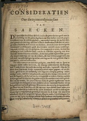 Consideratien Over den tegenwoordigen toestant Van Saecken