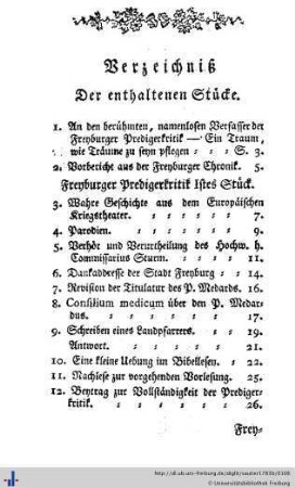 Verzeichniß der enthaltenen Stücke.