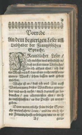 Vorrede An dem begierigen Leser und Liebhaber der Frantzösischen Sprache.