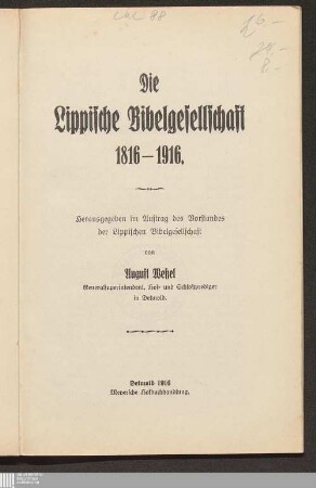 Die Lippische Bibelgesellschaft 1816 - 1916