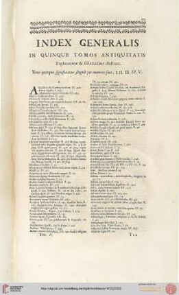 Index generalis in quinque tomos antiquitatis