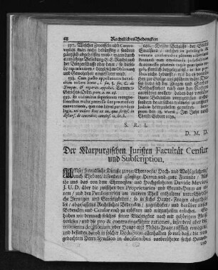 Der Marpurgischen Juristen Facultät Censur und Subsciption.