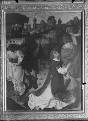Elisabethaltar — Innenseite des linken Altarflügels: Gefangennahme und Steinigung des heiligen Stephanus — Unteres Bildfeld: die Steinigung des heiligen Stephanus