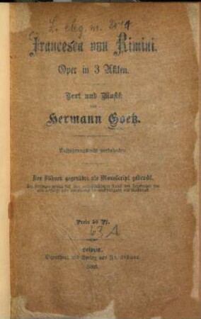 Francesca von Rimini : Oper in 3 Akten