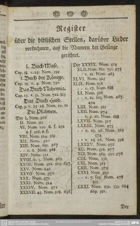 Register über die biblischen Stellen, darüber Lieder vorkommen, auf die Numern der Gesänge gerichtet