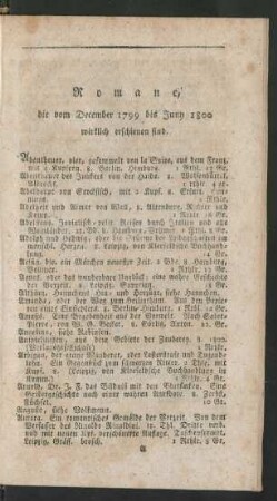 Romane die vom December 1799 bis Juny 1800 wirklich erschienen sind