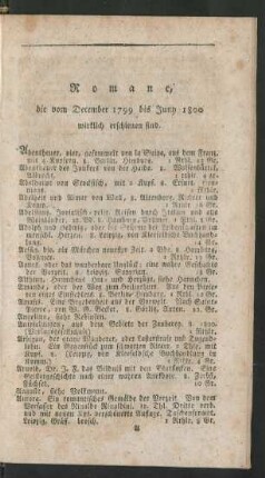 Romane die vom December 1799 bis Juny 1800 wirklich erschienen sind
