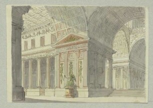 Blick in eine monumentale Halle mit Kolonnaden, Bühnenbildentwurf