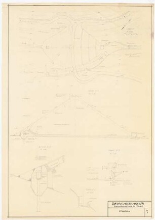 Talsperre mit Kraftnutzung und Wiesenbewässerung Schinkelwettbewerb 1955: Staudamm: Lageplan 1:500, Schnitte 1:100, 1:250